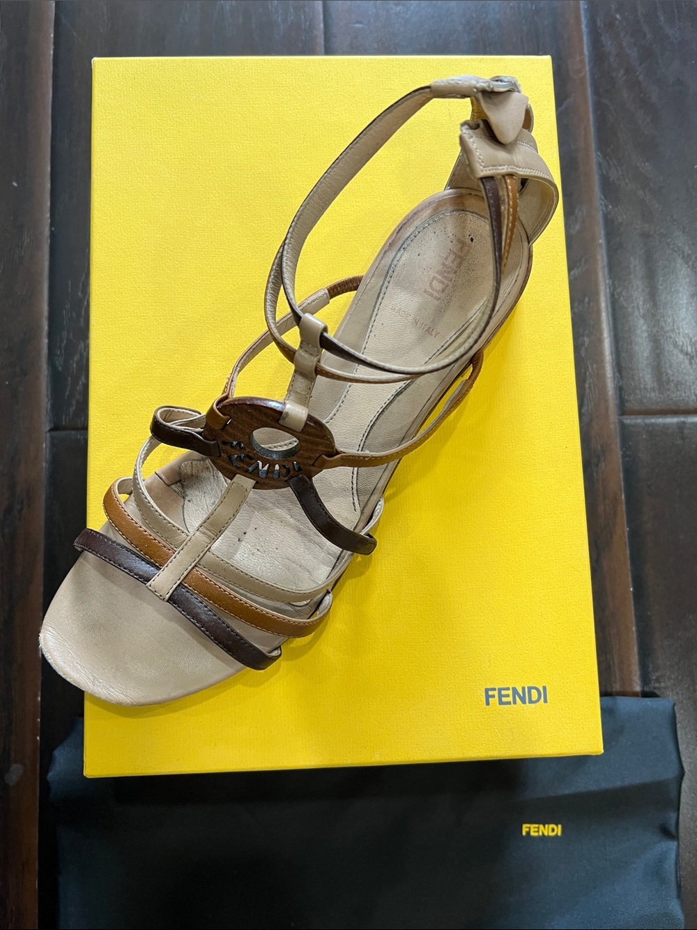 Fendi Gladiator Sandals with Wood Logo, size 39